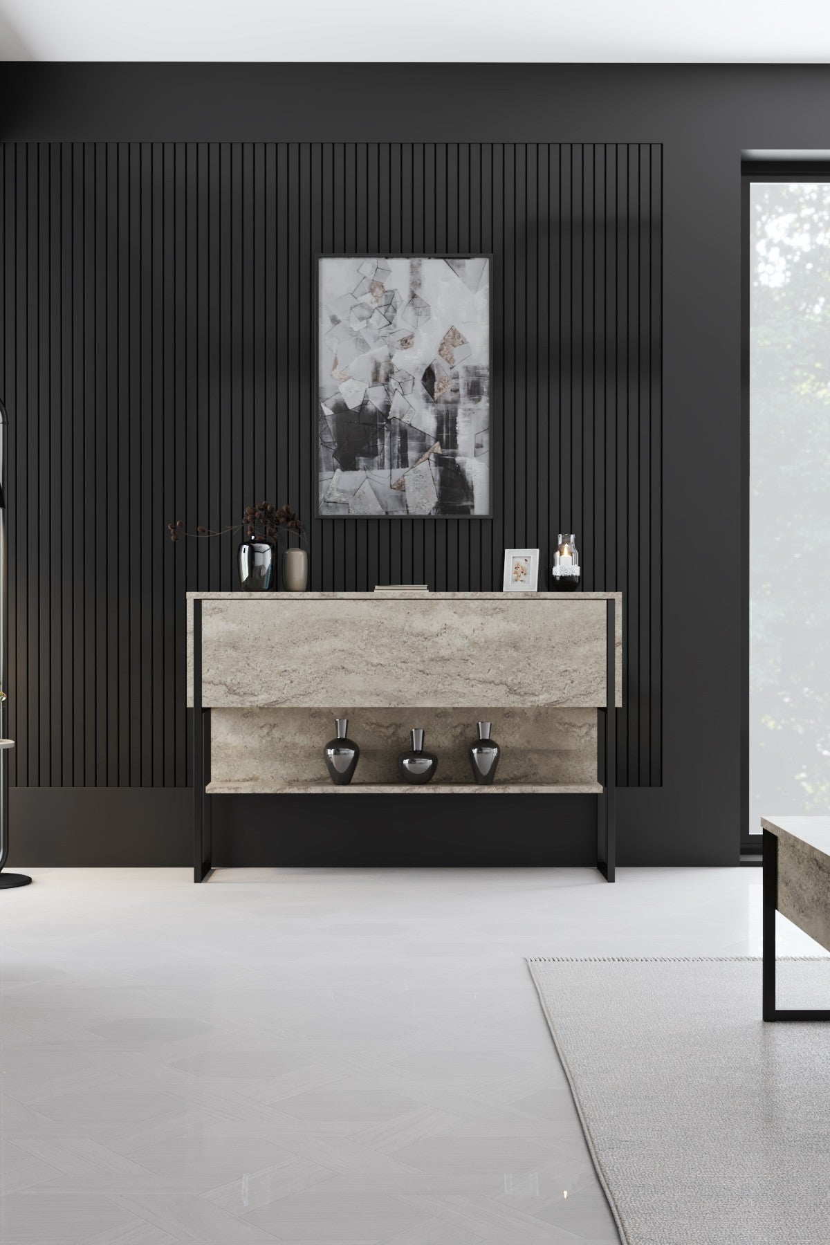 Modern Sideboard Travertine Luxury 120x80x35 - Black Frame - One Compartment