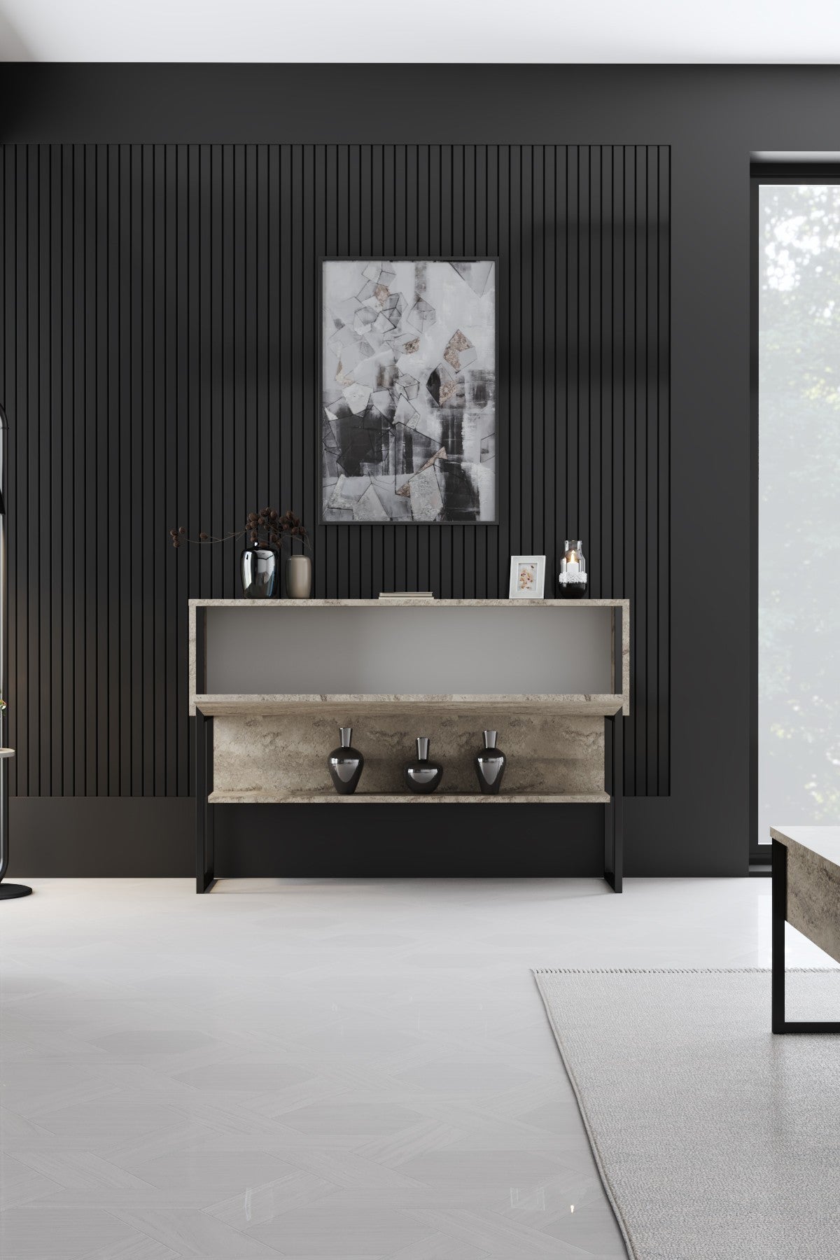 Modern Sideboard Travertine Luxury 120x80x35 - Black Frame - One Compartment
