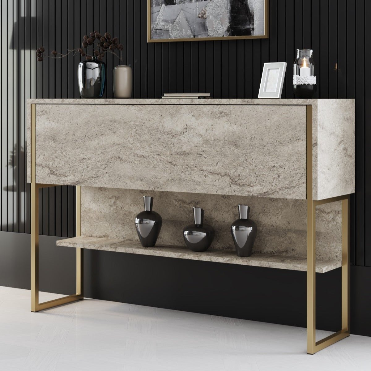 Modern Sideboard Travertine Luxury 120x80x30 - Golden Frame - One Compartment