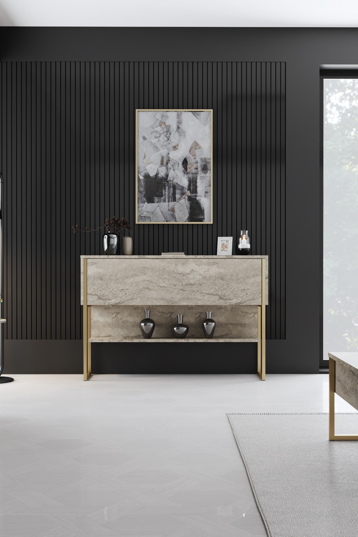 Modern Sideboard Travertine Luxury 120x80x30 - Golden Frame - One Compartment