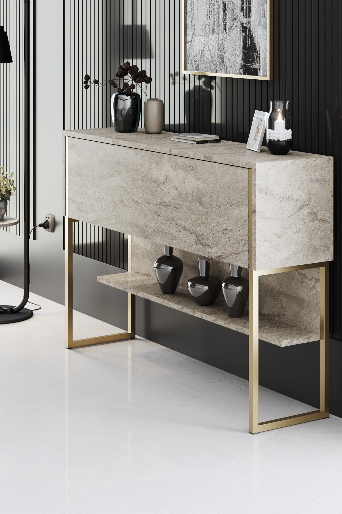 Modern Sideboard Travertine Luxury 120x80x30 - Golden Frame - One Compartment