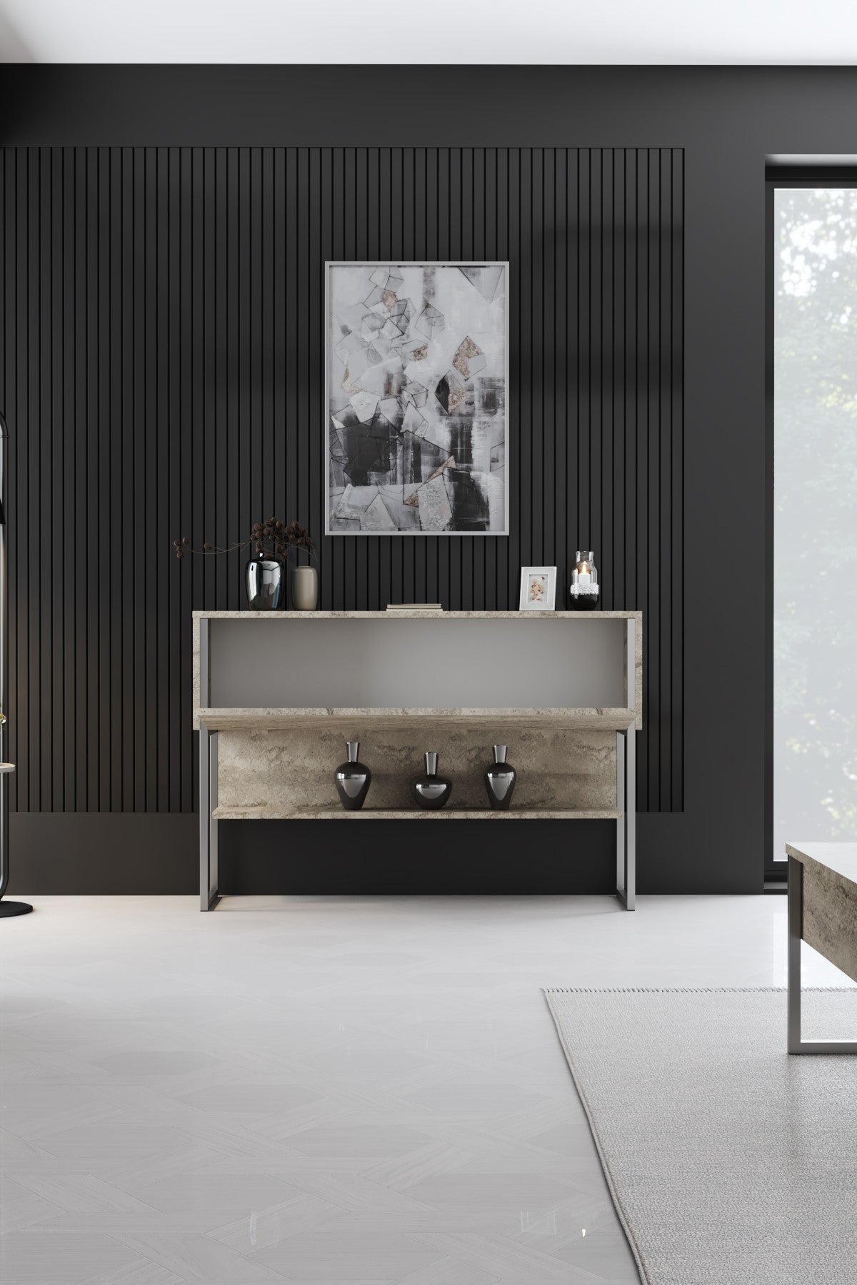 Modern Sideboard Travertine Luxury 120x80x30 - Silver Frame - One Compartment