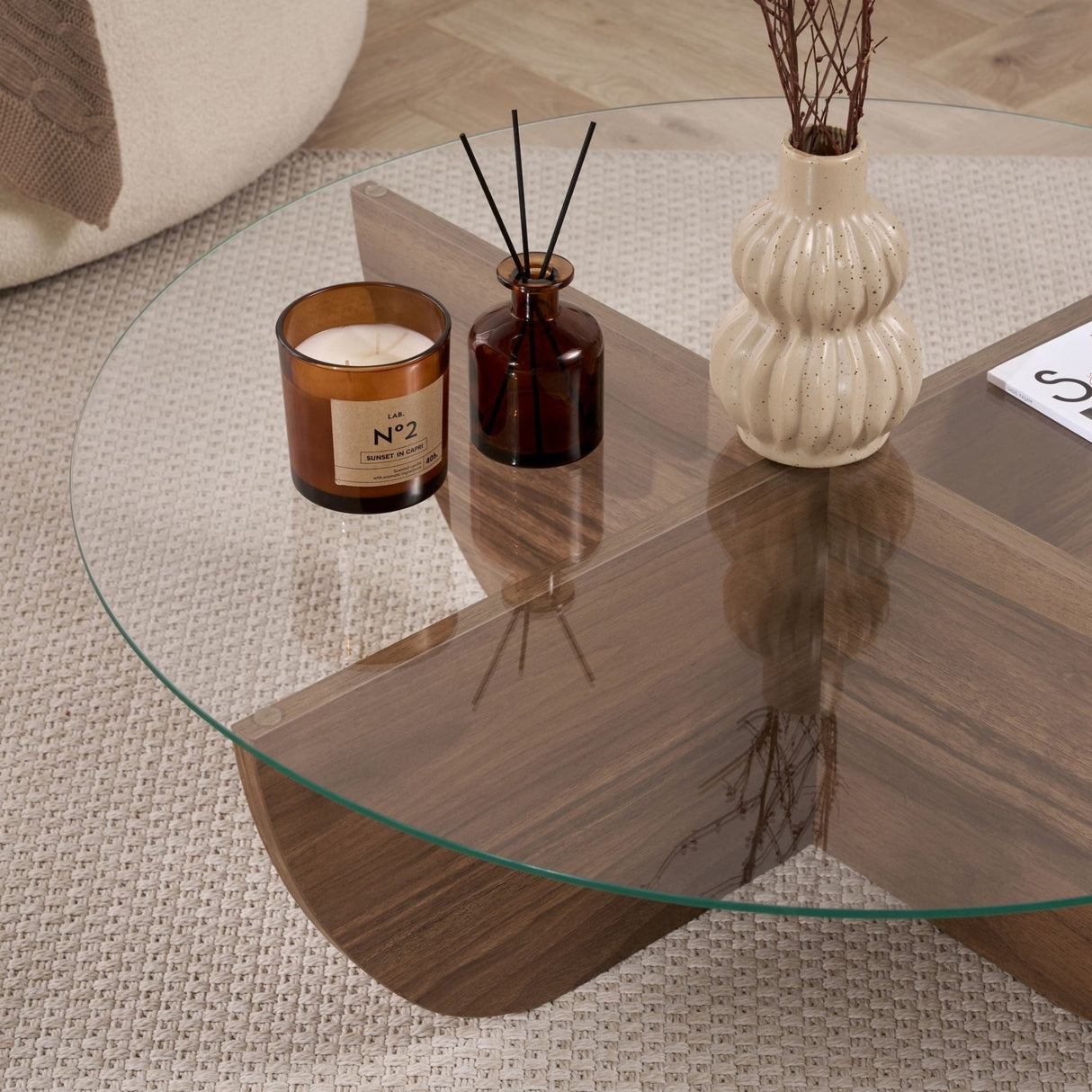 Liya coffee table walnut oval 90 cm Tempered glass