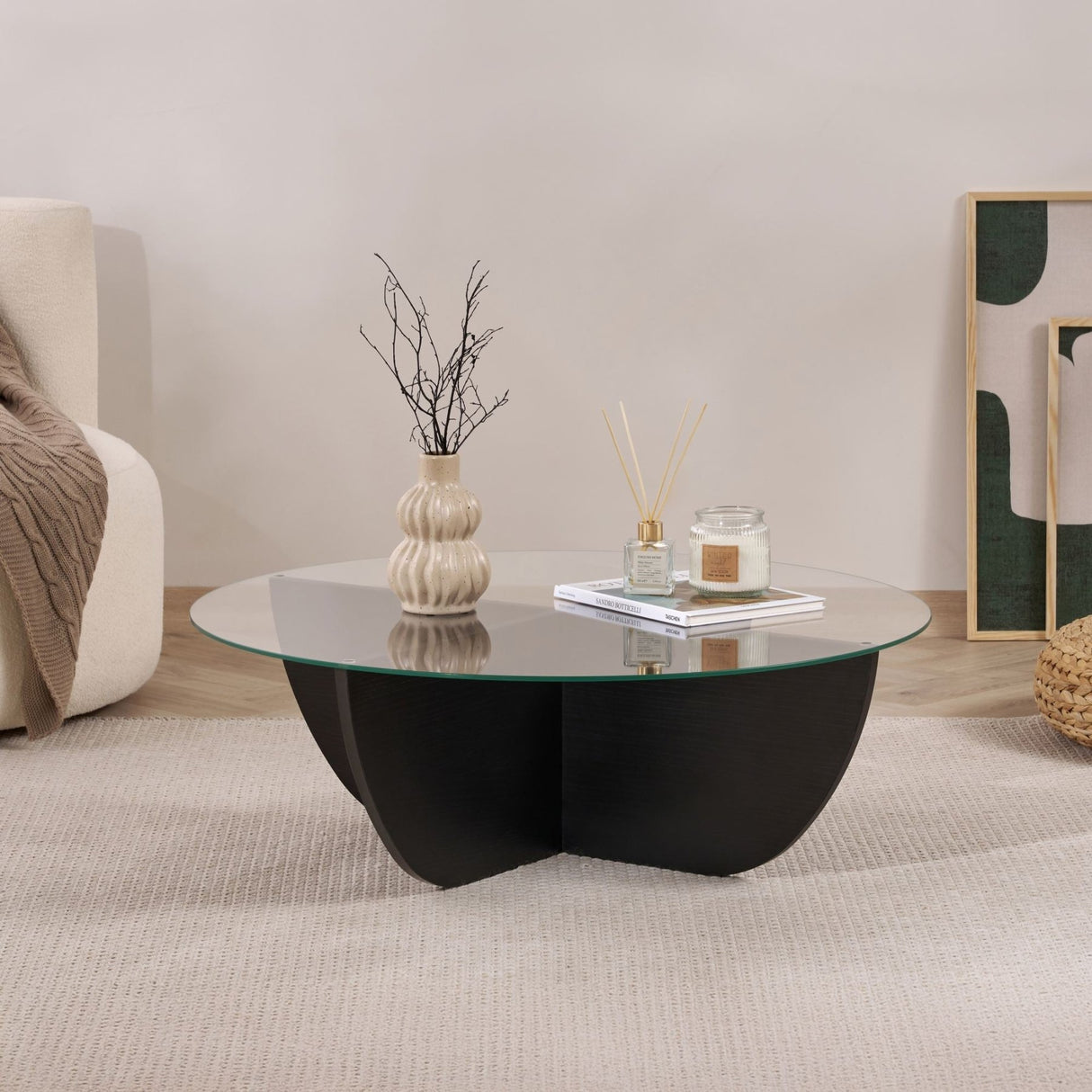 Liya coffee table oval black wood look 90 cm Tempered glass
