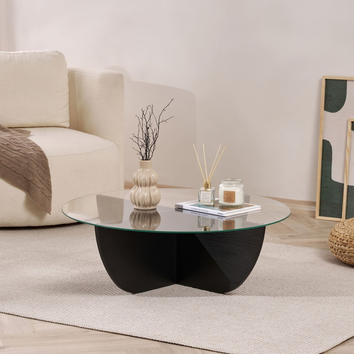 Liya coffee table oval black wood look 90 cm Tempered glass