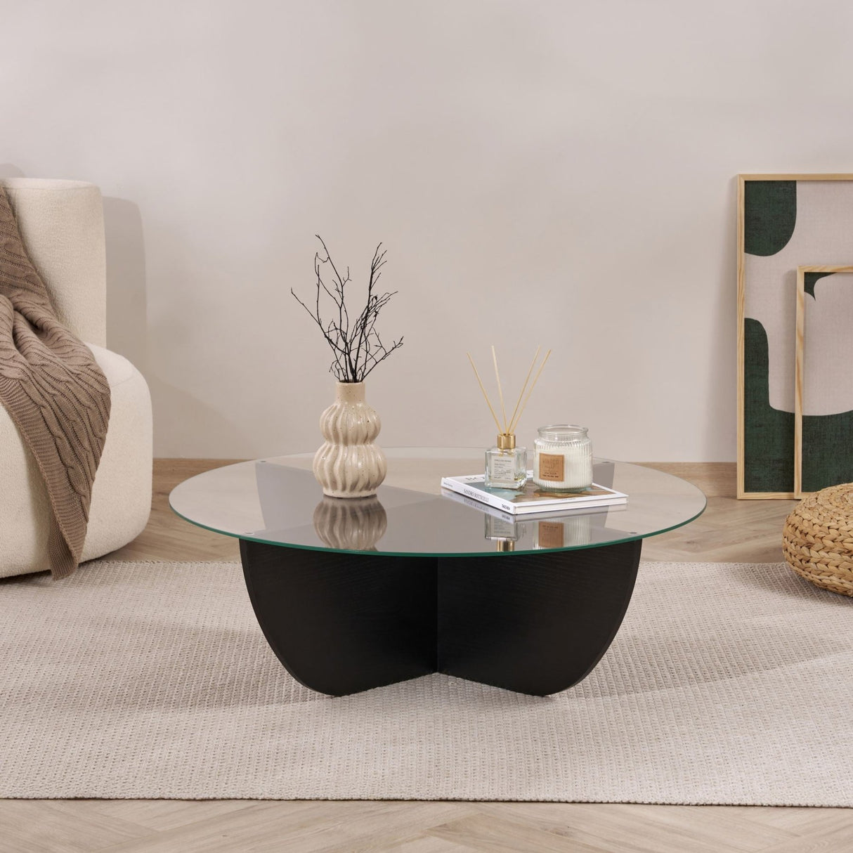 Liya coffee table oval black wood look 90 cm Tempered glass