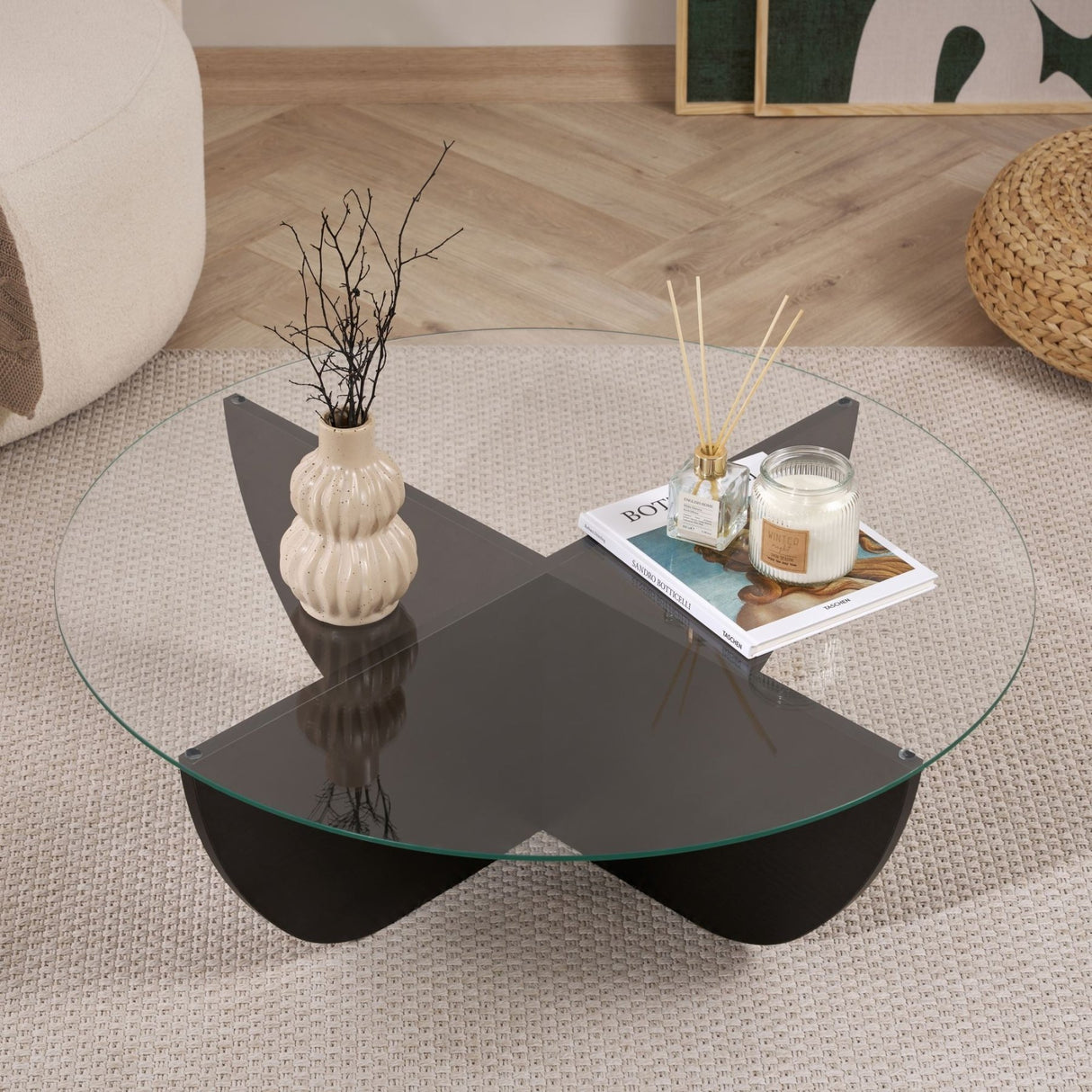 Liya coffee table oval black wood look 90 cm Tempered glass