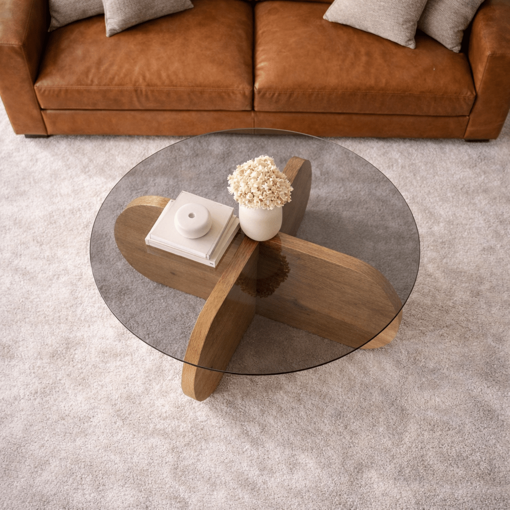 Aris Round Coffee Table 75 cm Tinted Glass - Melamine Oak