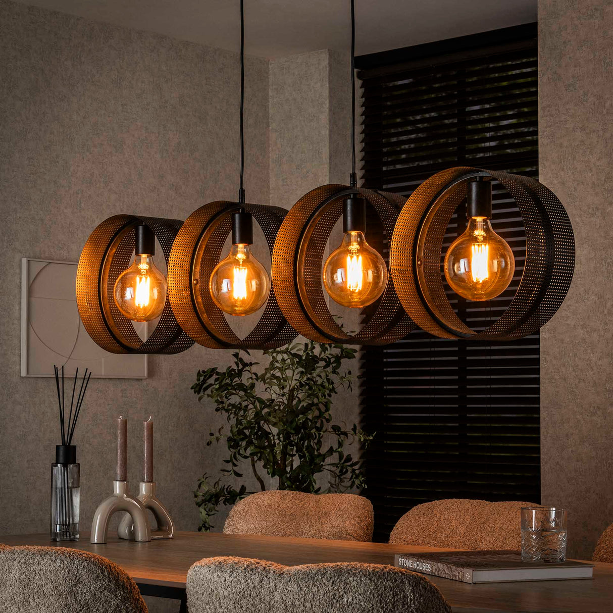 Pendant lamp Fons 4-lights rings metal black