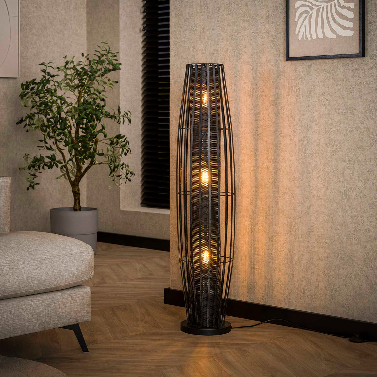 Floor lamps - Floor lamp Liora 3 - light cylinder mesh black 120 cm - Dimehouse