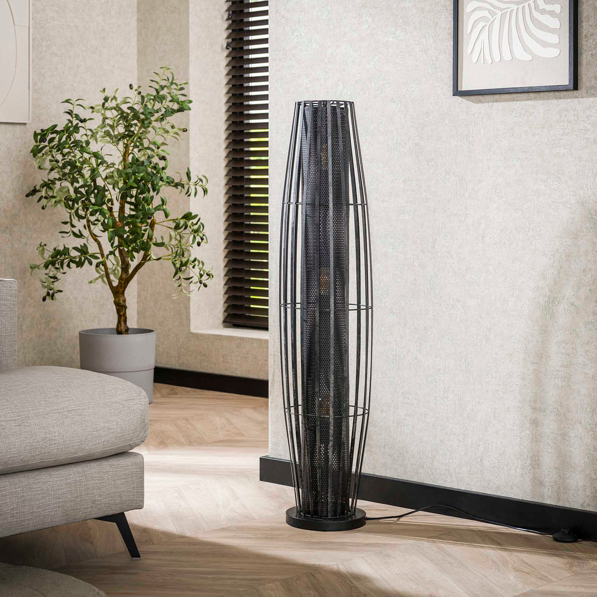 Floor lamps - Floor lamp Liora 3 - light cylinder mesh black 120 cm - Dimehouse