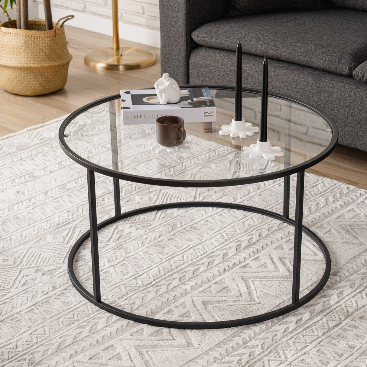 Coffee Table Glass Round 80 cm Barlin - Black Frame