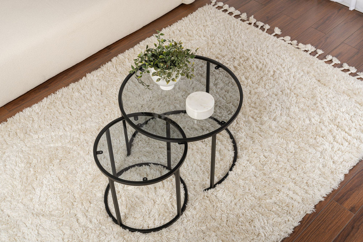 Coffee table set of 2 Round Glass - Black Frame - 60, 42 cm