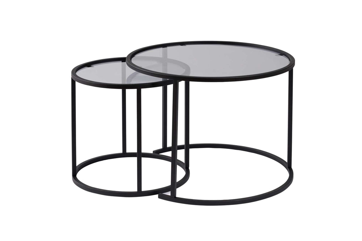Coffee table set of 2 Round Glass - Black Frame - 60, 42 cm