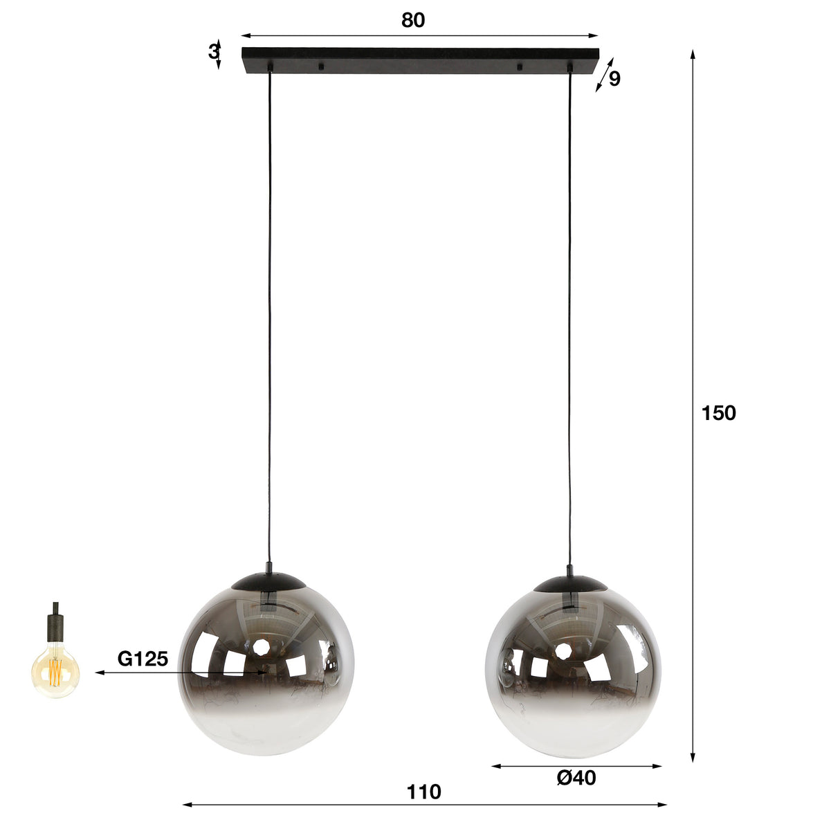 Modern Hanging Lamp Sphere Round Juliette 2-light smoked glass