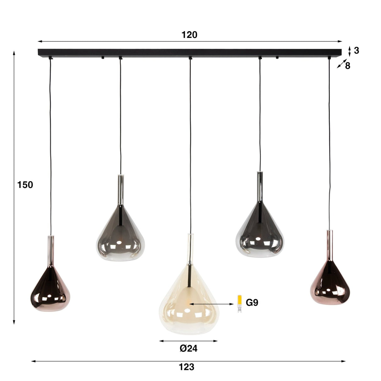Noxen 5-light hanging lamp black 123 cm