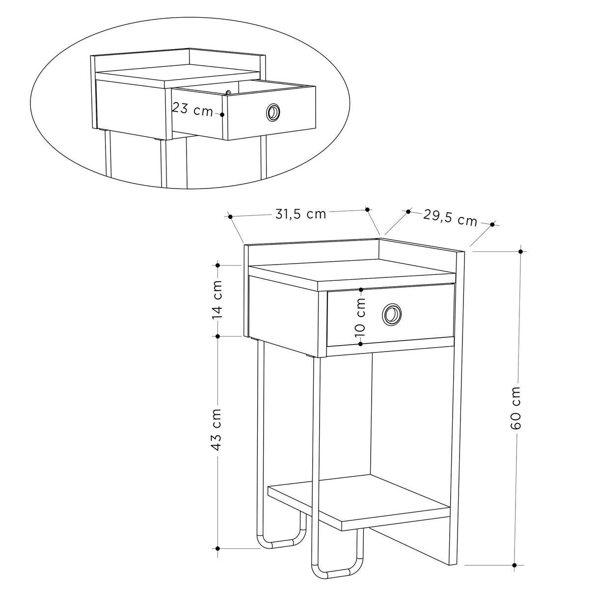 Bedside table Oak Melamine - With drawer - Right - 32x61x30 cm - Sirius