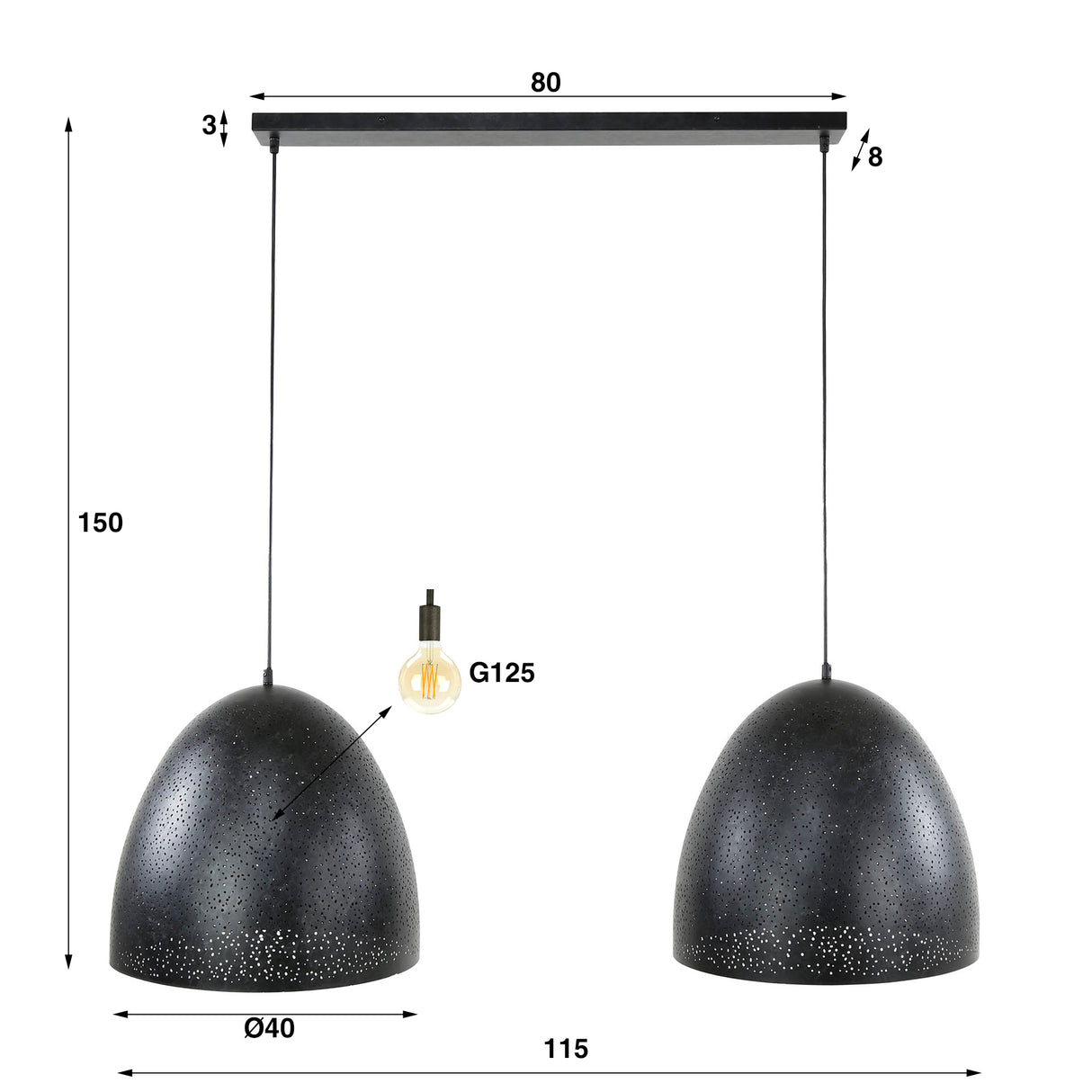 Industrial Hanging Lamp Kylian 2-light Metal Black
