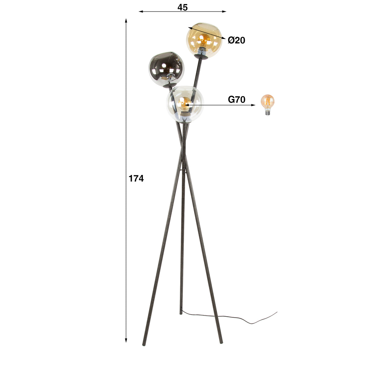 Floor lamp Nova 3-lights Black with Globes