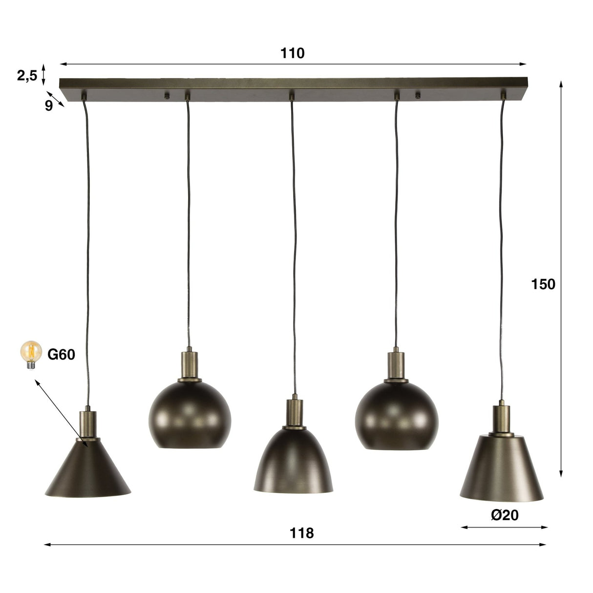 Pendant lamp Sienna 5-lights Industrial - Brown 120 cm