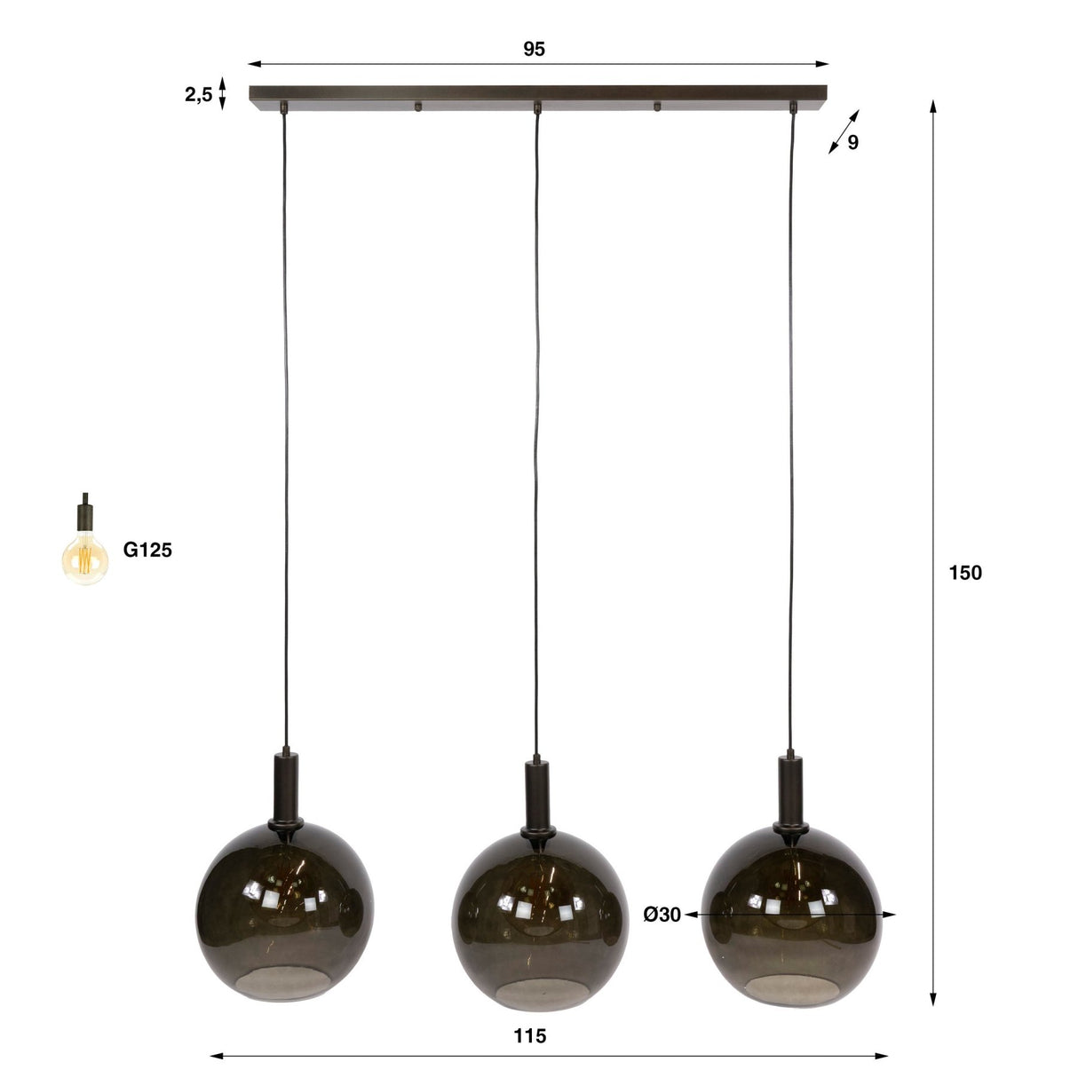 Pendant lamp Nero Trio 3-light Black Metal 115 cm