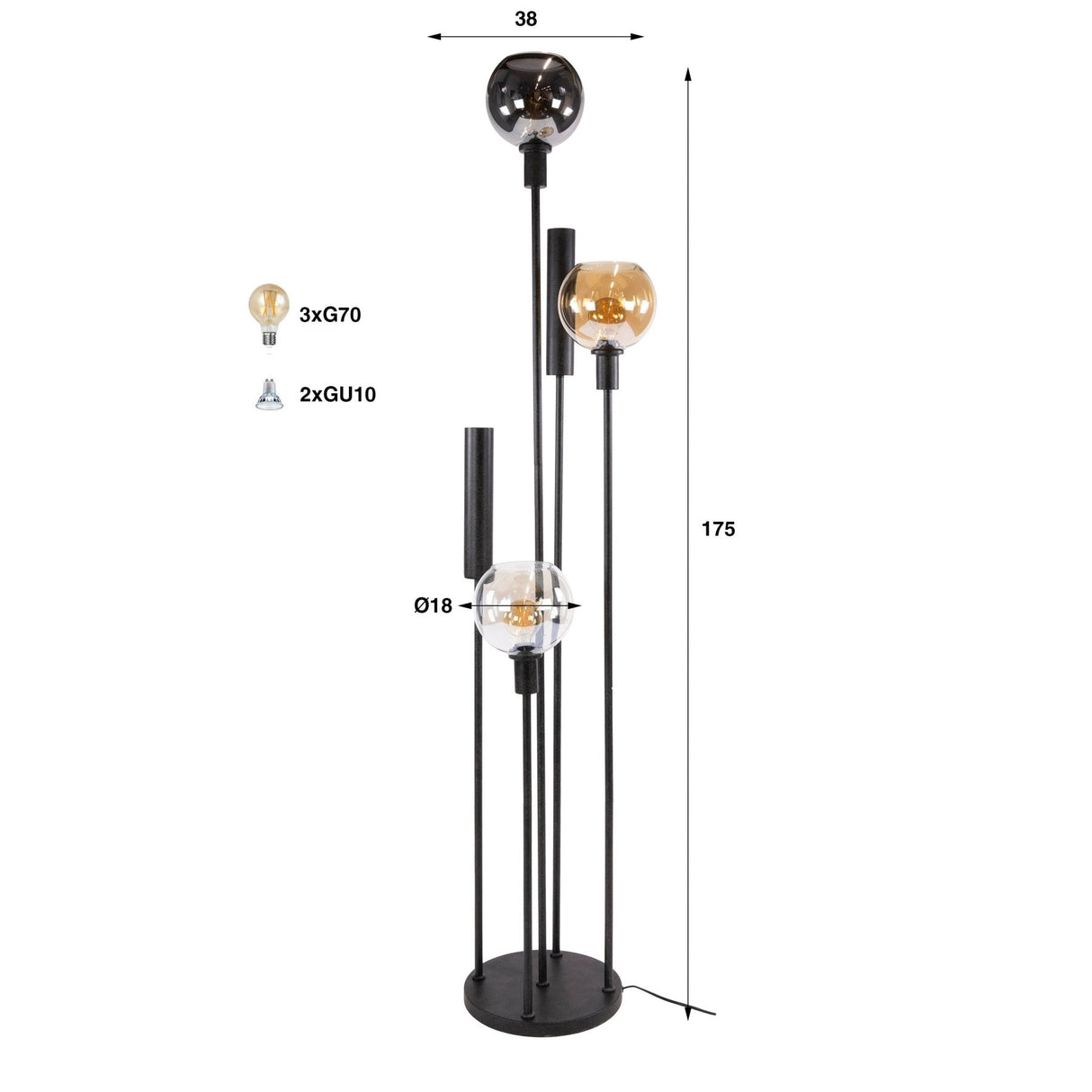 Floor lamp 5-light stepped colored glass black metal Valeo