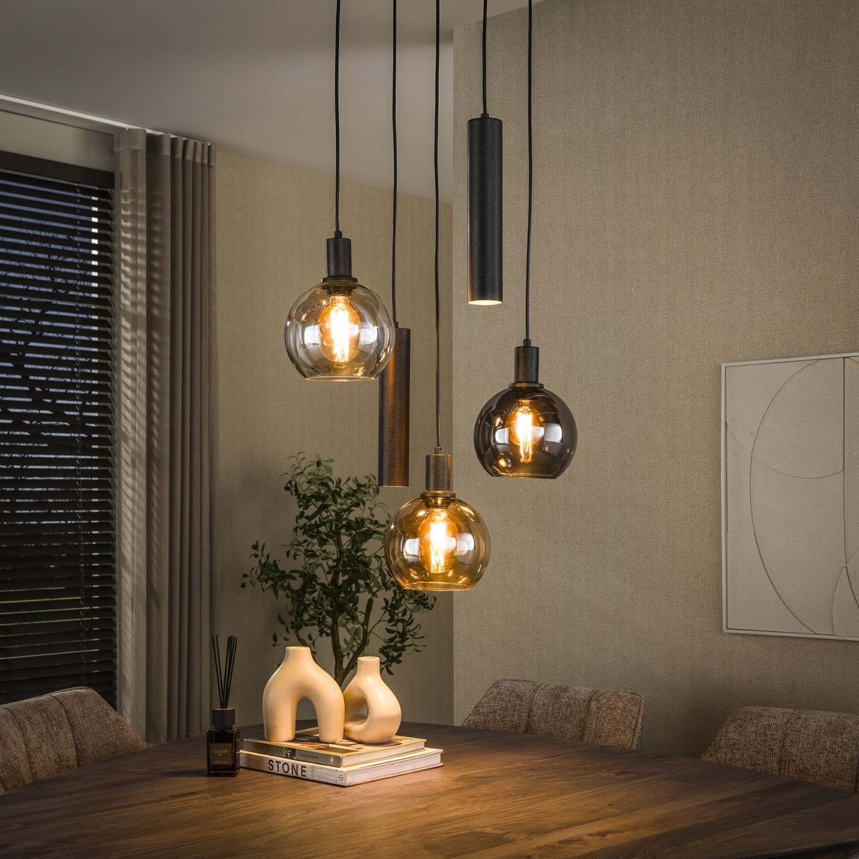 Hanging lamp 5-light stepped colored glass black metal Valeo