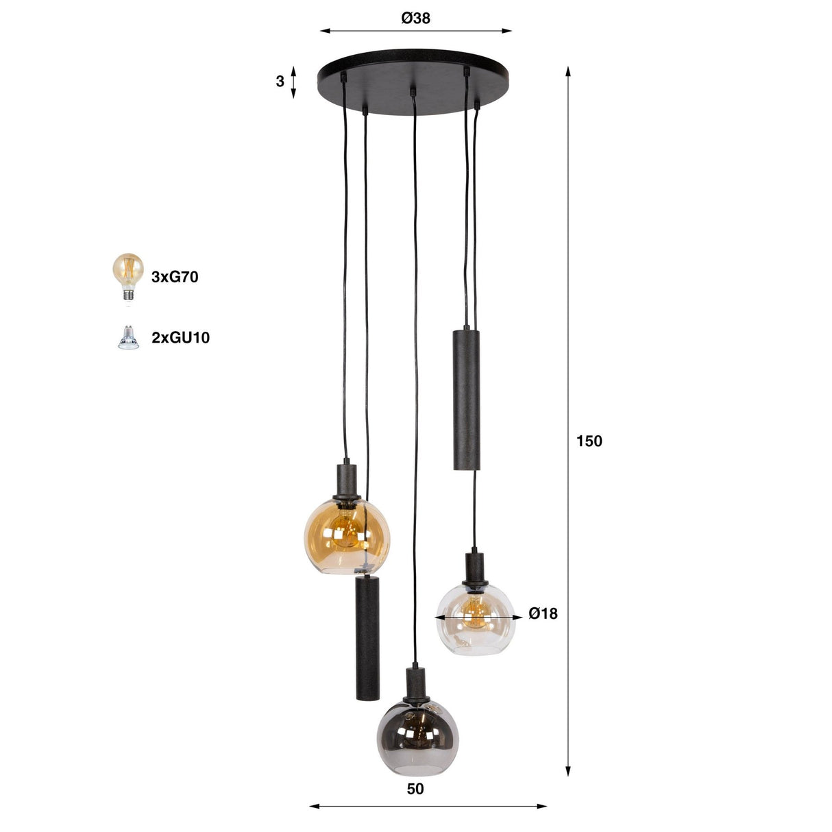 Hanging lamp 5-light stepped colored glass black metal Valeo