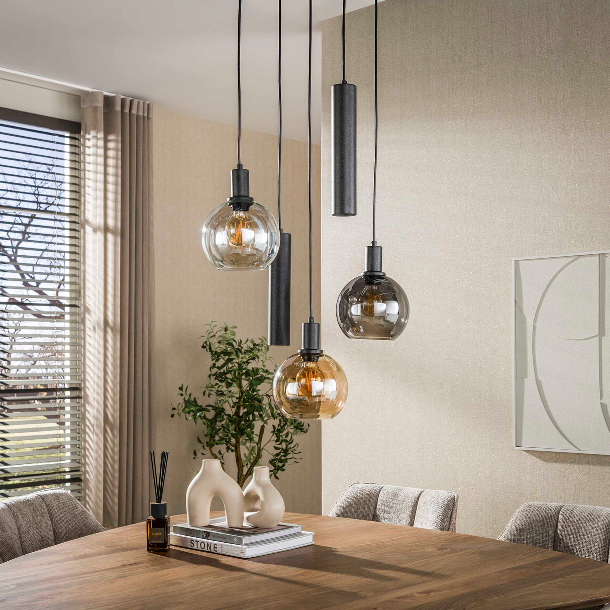 Hanging lamp 5-light stepped colored glass black metal Valeo