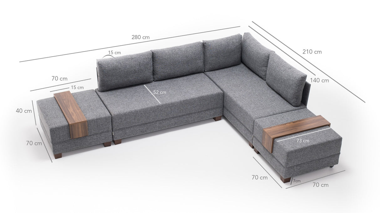 Sofa bed gray fabric - XXL 280 x 210 - Right - Fly
