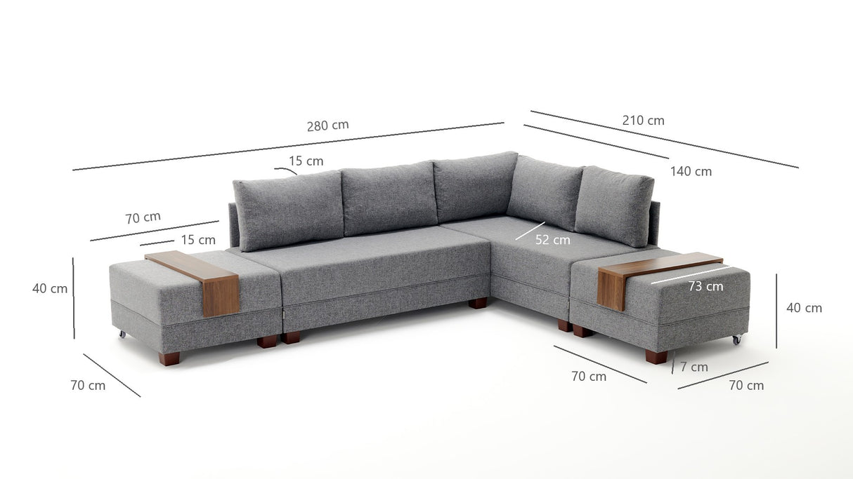 Sofa bed gray fabric - XXL 280 x 210 - Right - Fly
