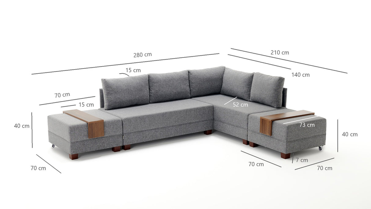 Sofa bed taupe fabric - XXL 280 x 210 - Right - Fly