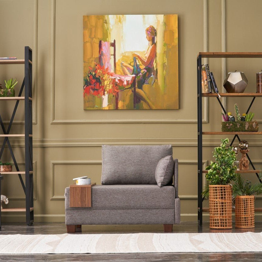 Modern Armchair Brown Fabric Fly - Right - With Wooden Table