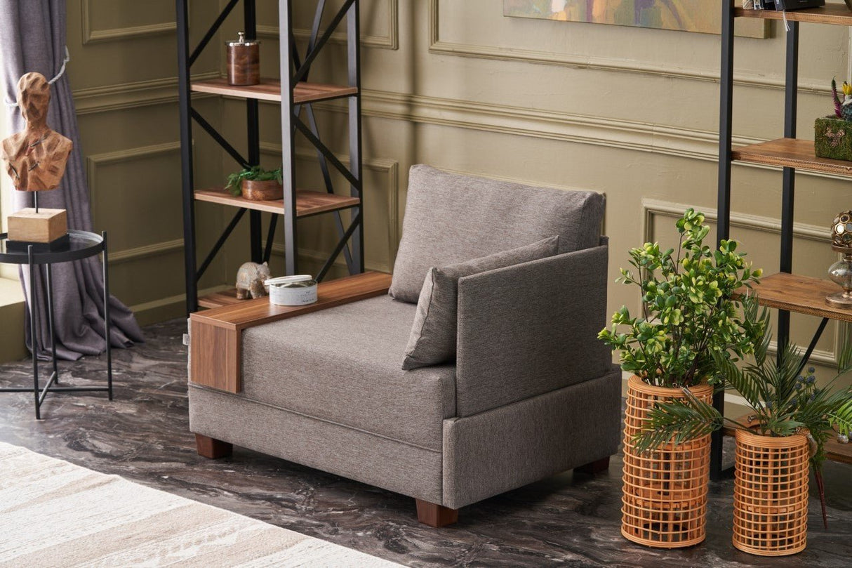Modern Armchair Brown Fabric Fly - Right - With Wooden Table