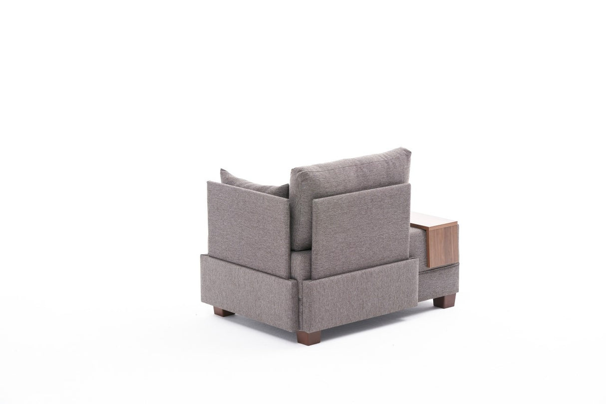 Modern Armchair Brown Fabric Fly - Right - With Wooden Table