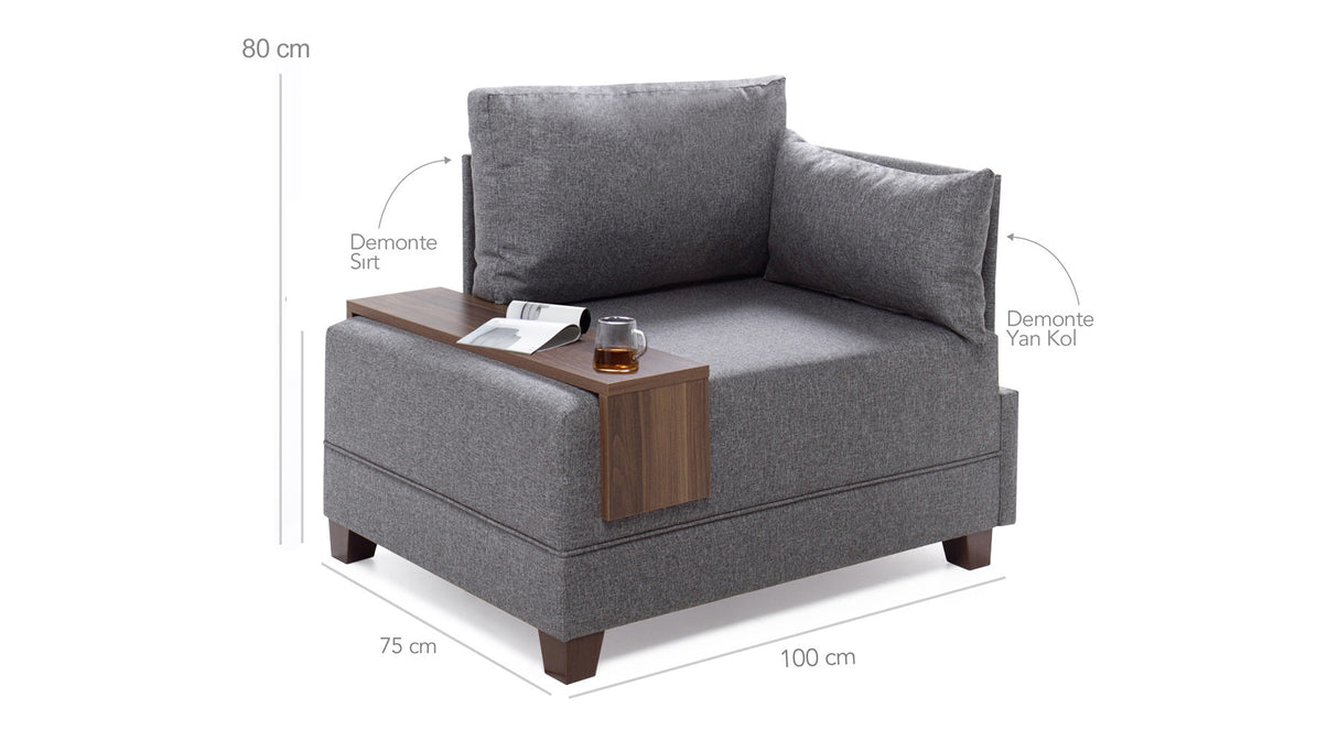 Modern Armchair Brown Fabric Fly - Right - With Wooden Table