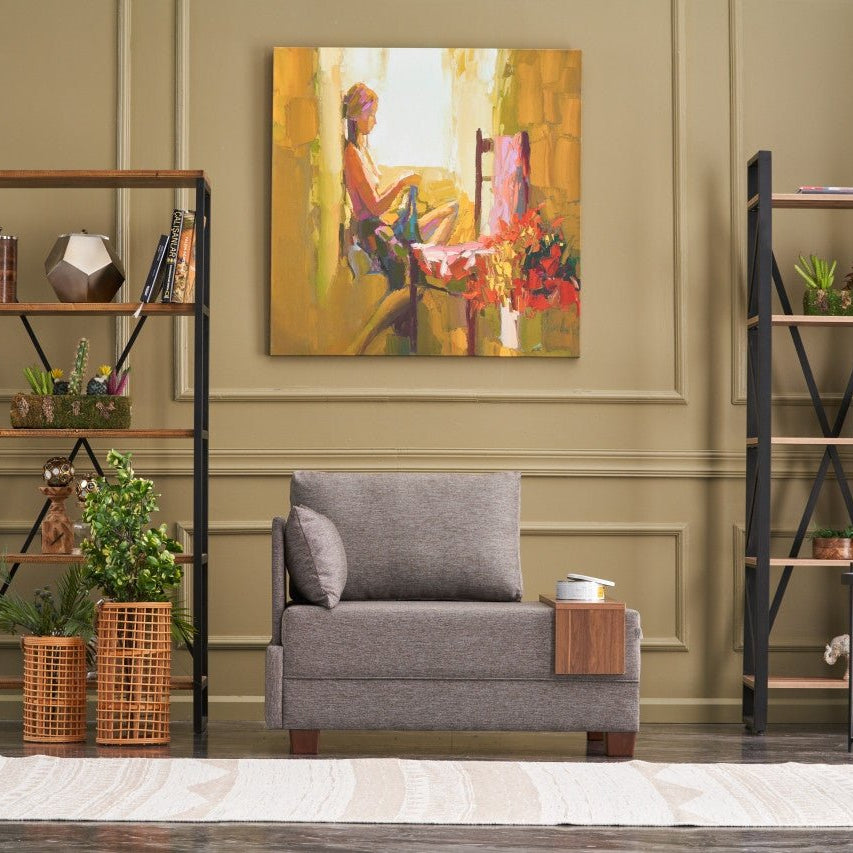 Modern Armchair Brown Fabric Fly - Left - With Wooden Table