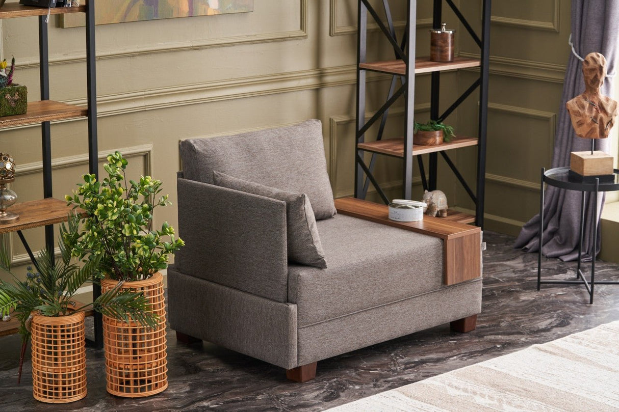 Modern Armchair Brown Fabric Fly - Left - With Wooden Table