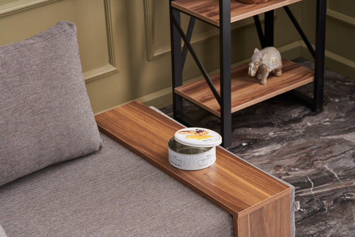 Modern Armchair Brown Fabric Fly - Left - With Wooden Table