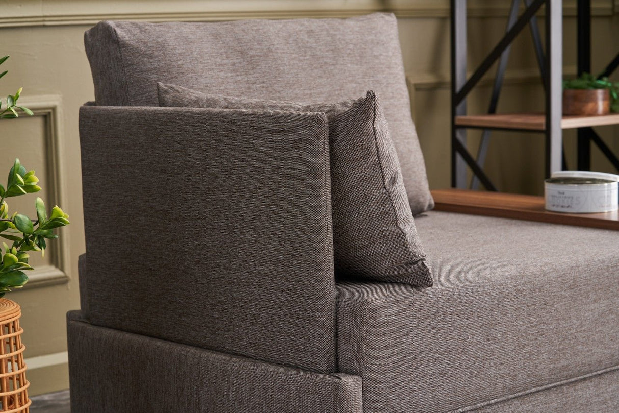Modern Armchair Brown Fabric Fly - Left - With Wooden Table