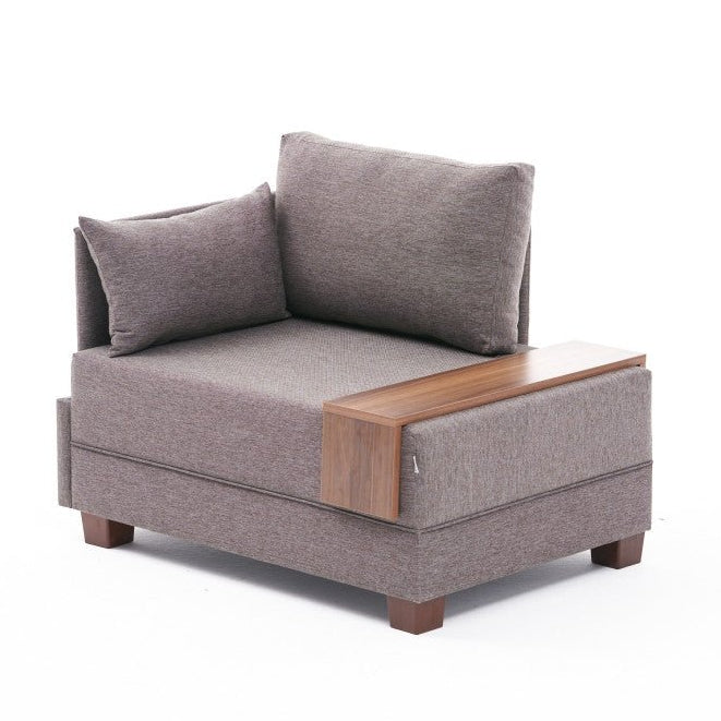 Modern Armchair Brown Fabric Fly - Left - With Wooden Table