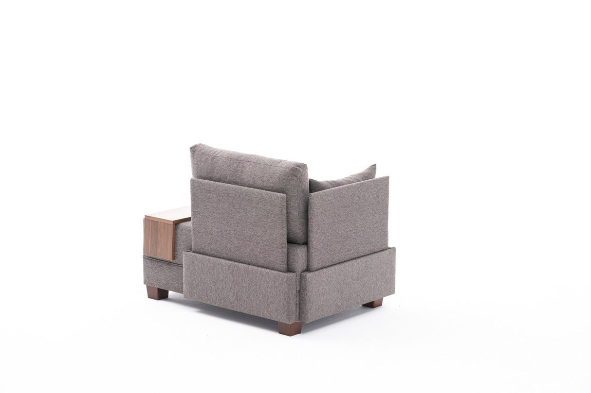 Modern Armchair Brown Fabric Fly - Left - With Wooden Table