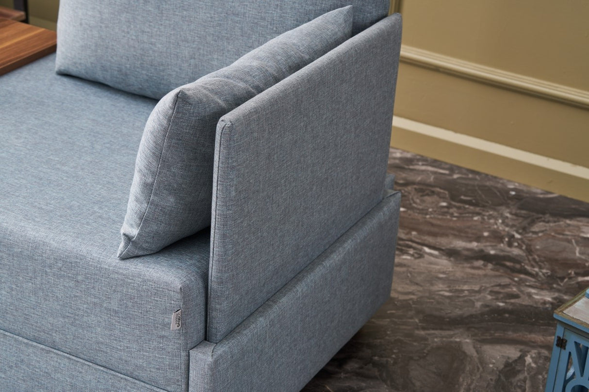 Fauteuils - Moderne Fauteuil Blauw Stof Fly - Rechts - Met Houten Tafeltje - Dimehouse