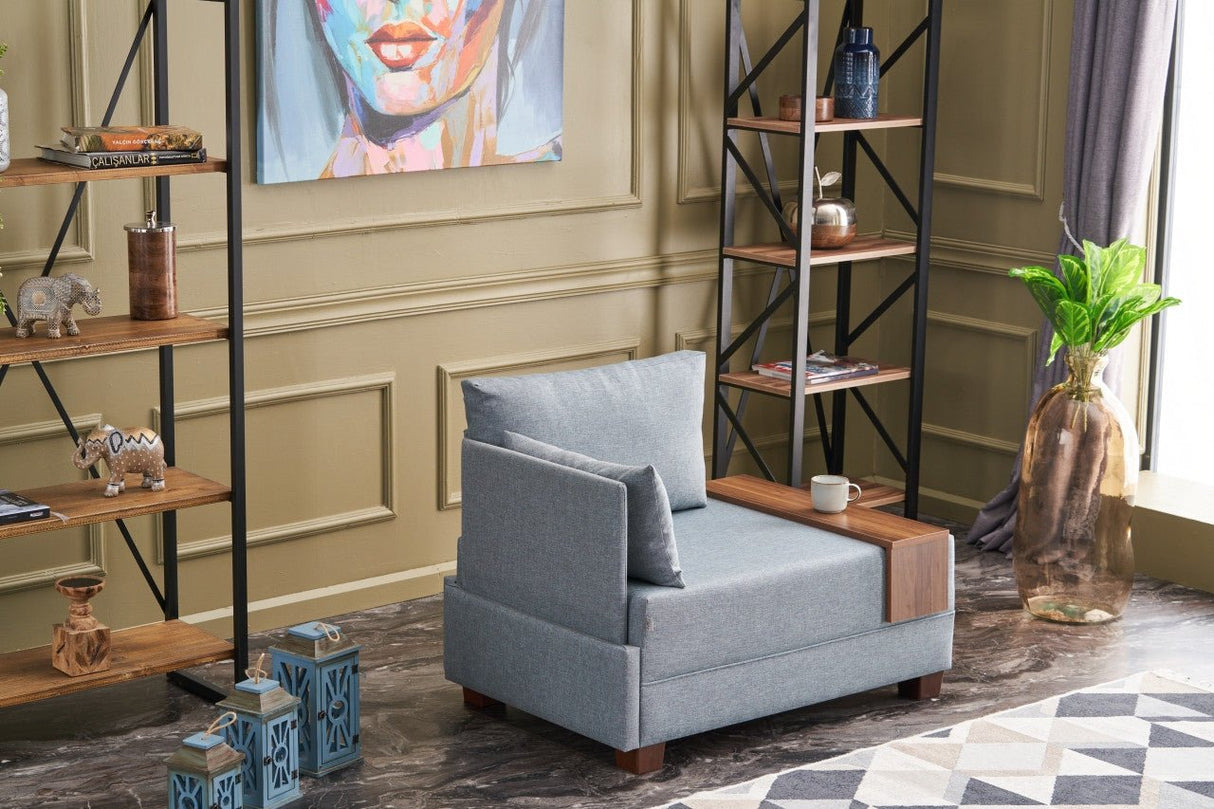 Fauteuils - Moderne Fauteuil Blauw Stof Fly - Links - Met Houten Tafeltje - Dimehouse