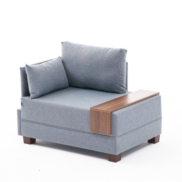 Fauteuils - Moderne Fauteuil Blauw Stof Fly - Links - Met Houten Tafeltje - Dimehouse