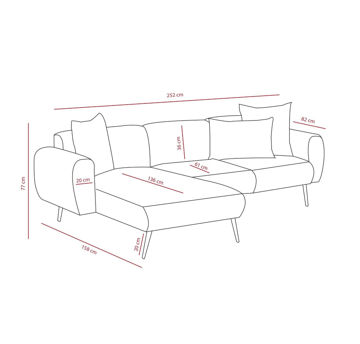 Corner sofa cream fabric - High slim legs - solid interior - 252 x 155 cm - Side