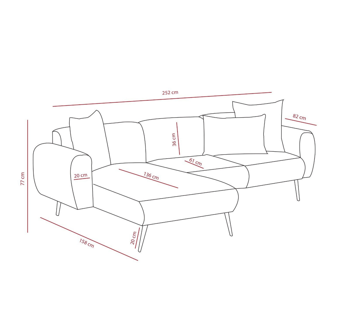 Corner sofa gray fabric - High slim legs - solid interior - 252 x 155 cm - Side