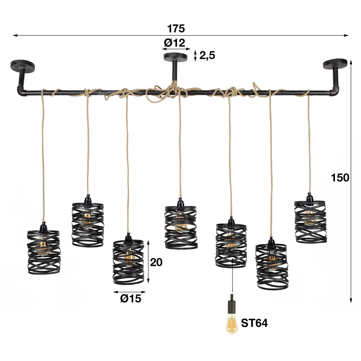 Hanglampen - Industriële Hanglamp Twist Metaal 7 - Lichts - Dimehouse