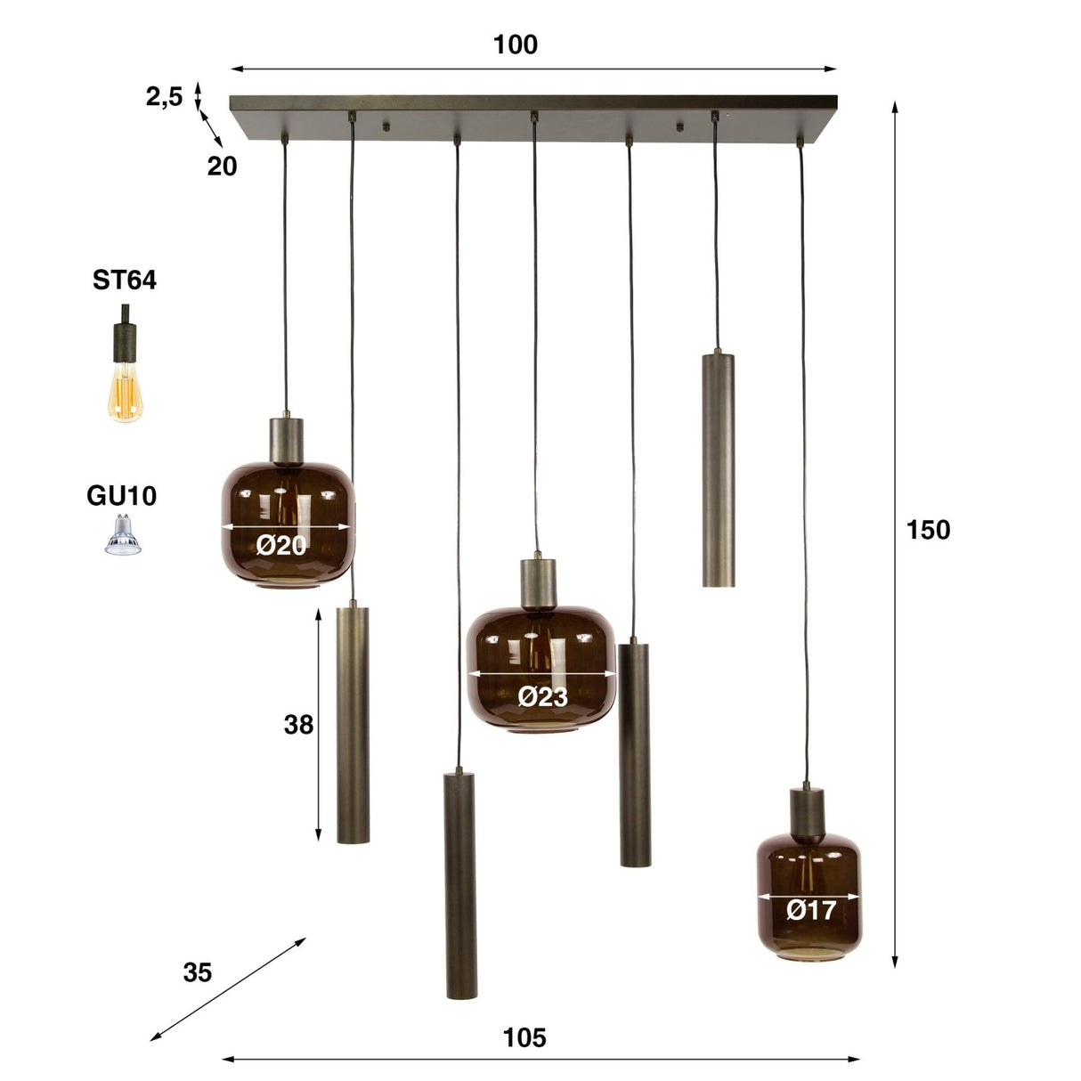 Pendant lamp Dax 7-lights brown 105 cm