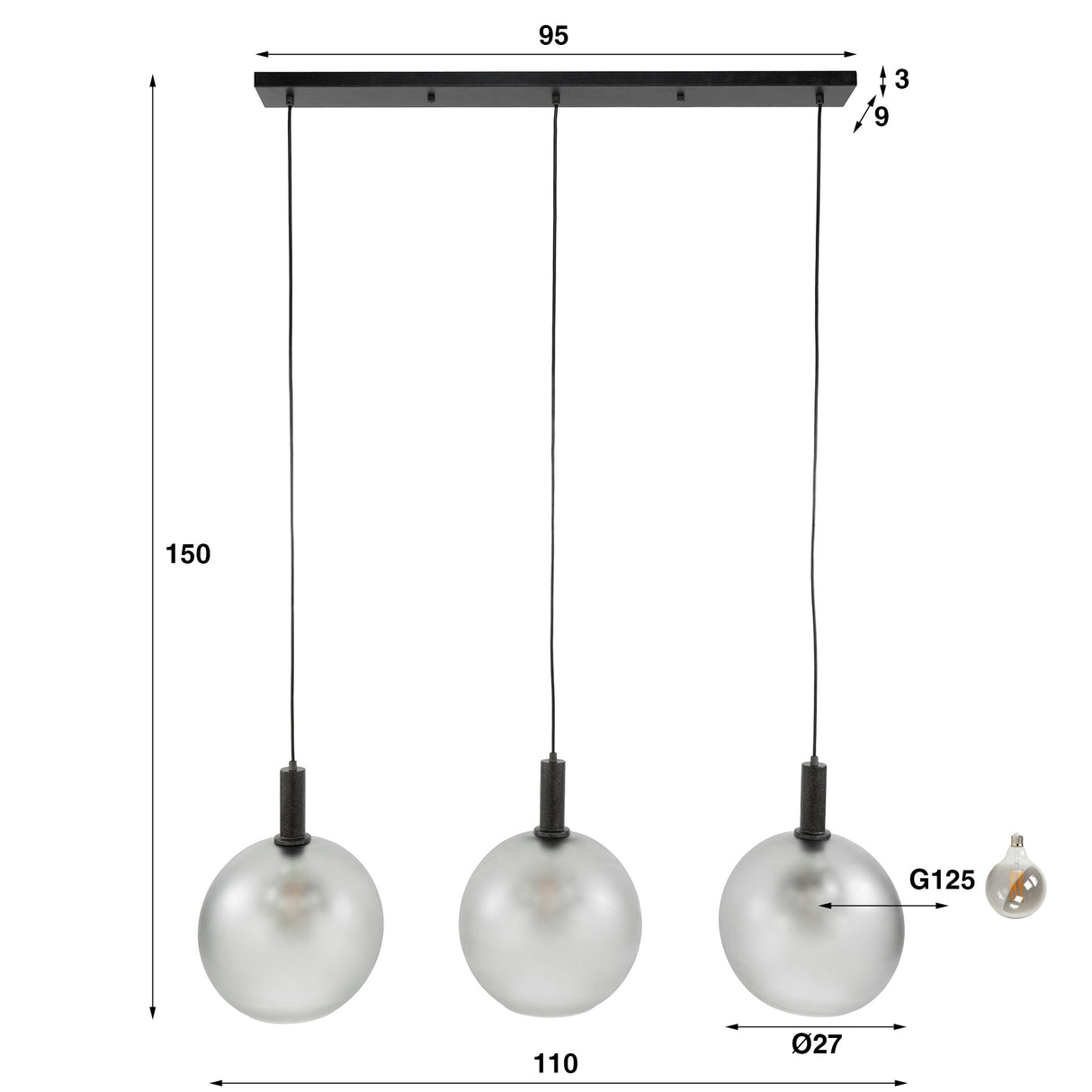 Luna Trio Pendant Light Black Frosted